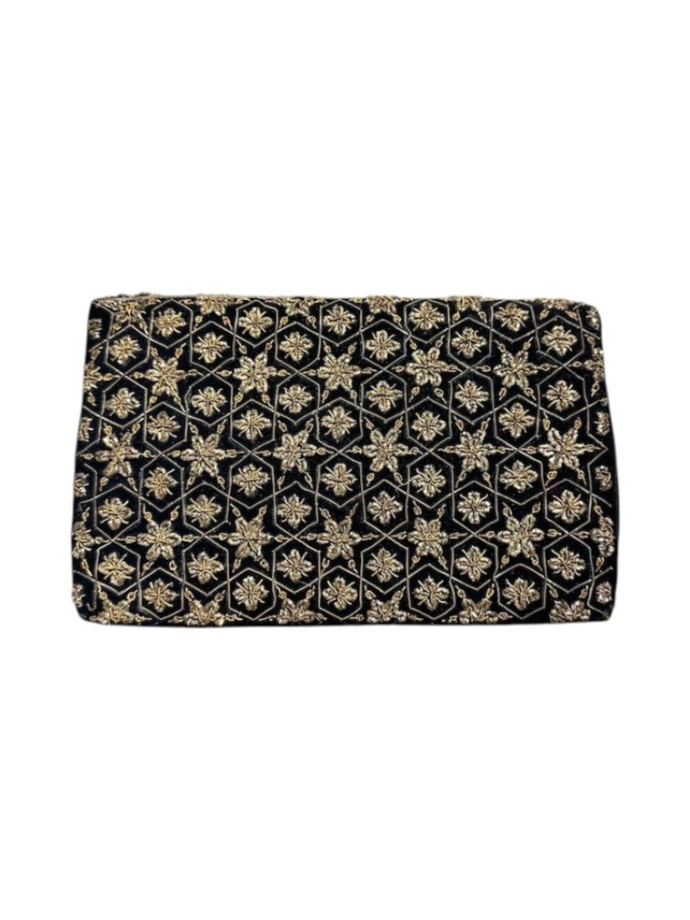 Vintage Black Velvet Clutch Bag with Gold Wired Thread Embroidery